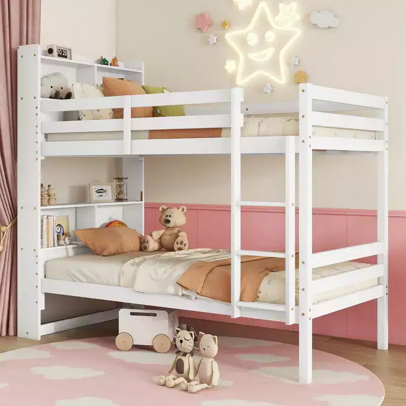 Twin Bunk Bed with Shelves, Headboard, Safety Guardrails and Ladder, Convertible to 2 Beds for Bedroom, White