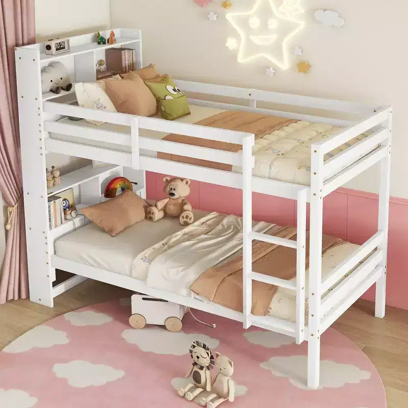 Twin Bunk Bed with Shelves, Headboard, Safety Guardrails and Ladder, Convertible to 2 Beds for Bedroom, White