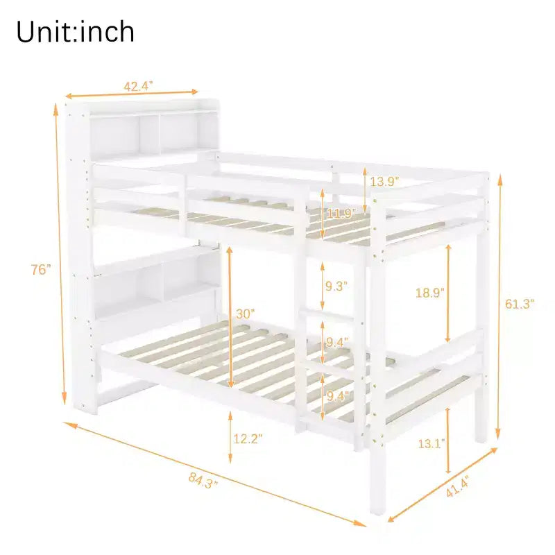 Twin Bunk Bed with Shelves, Headboard, Safety Guardrails and Ladder, Convertible to 2 Beds for Bedroom, White