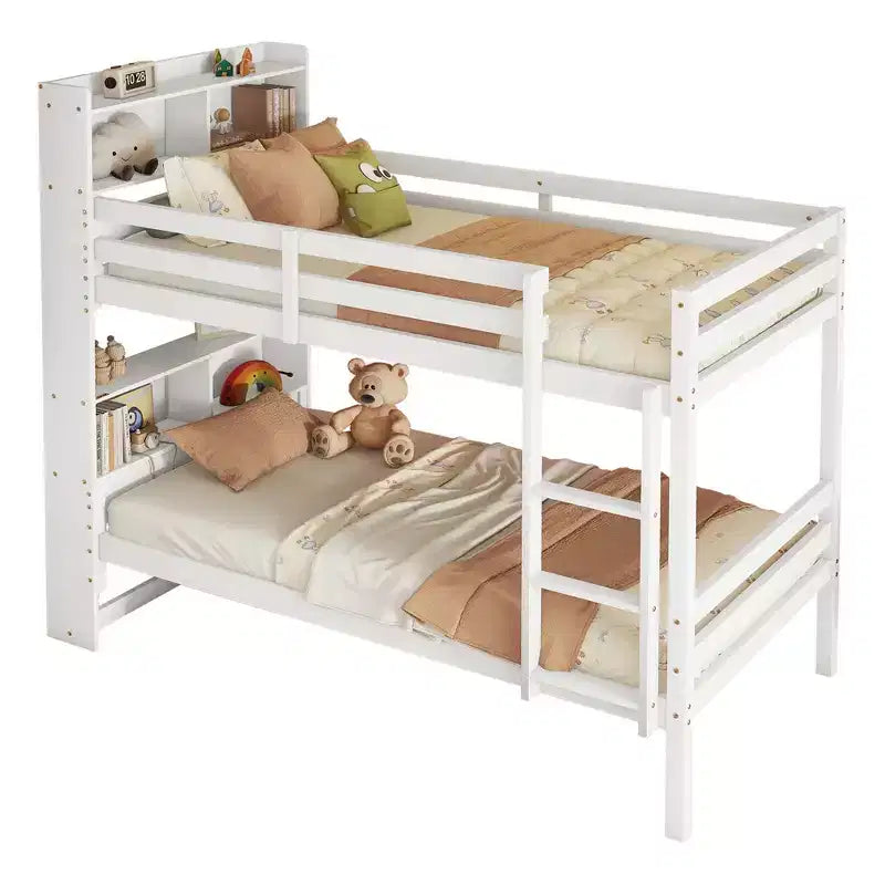 Twin Bunk Bed with Shelves, Headboard, Safety Guardrails and Ladder, Convertible to 2 Beds for Bedroom, White