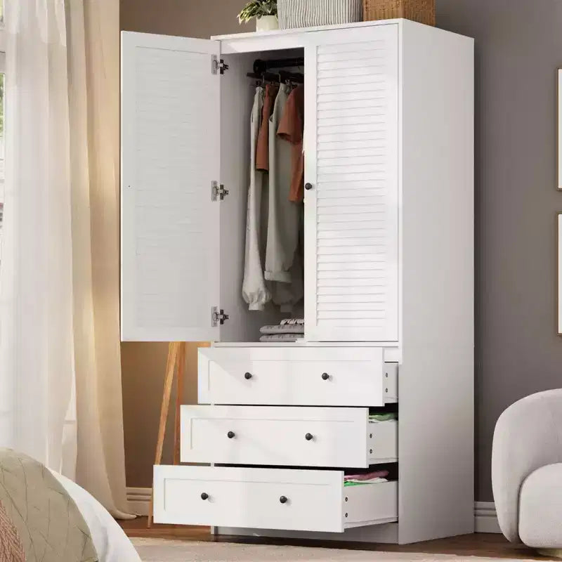 COZONY Armoire Wardrobe with 3 Drawers & 2 Doors, Modern Wooden Closet Cabinet for Bedroom, Heavy Duty White Standing Armoire