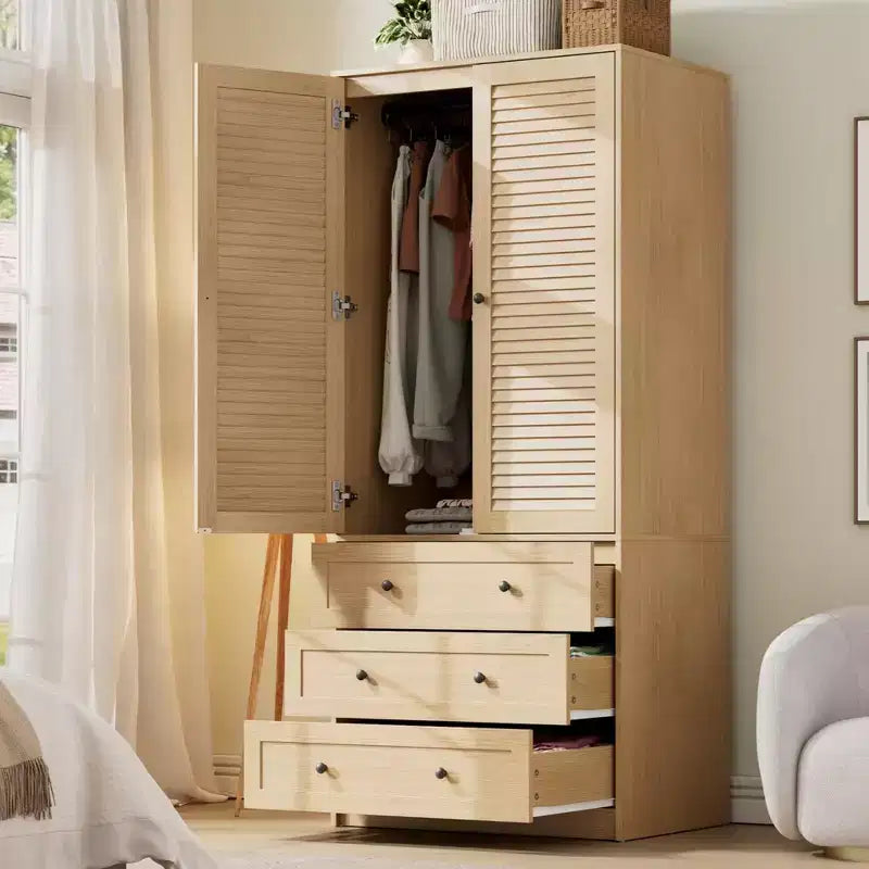 COZONY Armoire Wardrobe with 3 Drawers & 2 Doors, Modern Wooden Closet Cabinet for Bedroom, Heavy Duty White Standing Armoire
