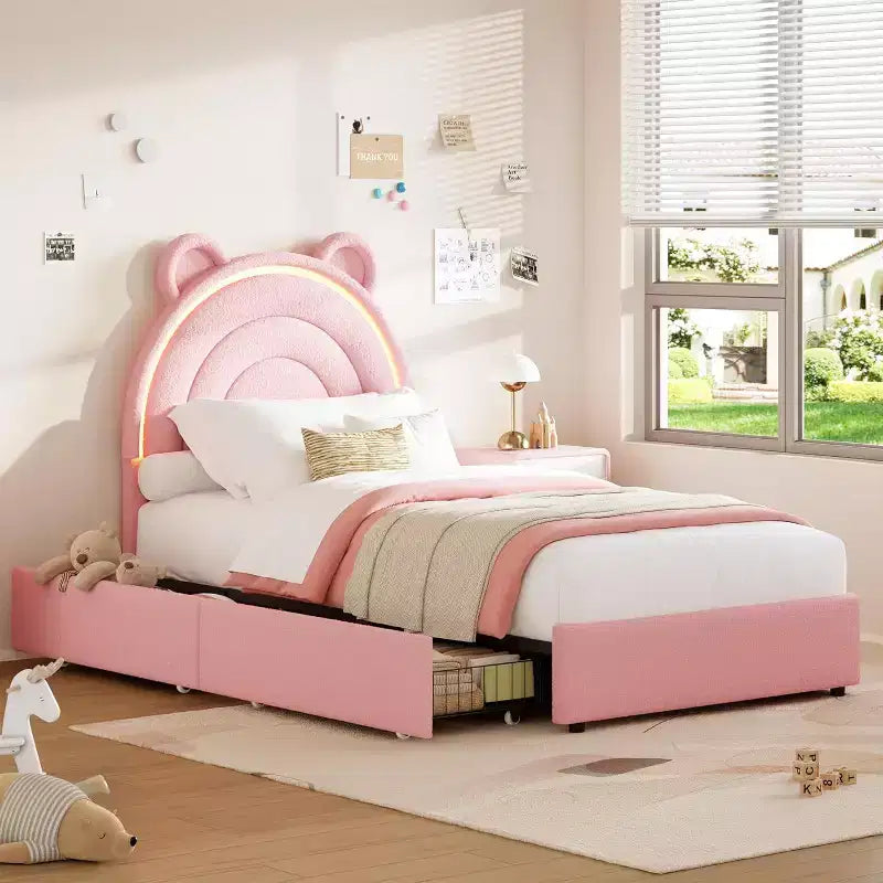 Princess double bed frame with 4 storage drawers and light, velvet upholstered platform bed, rainbow headboard, suitable for children, gray