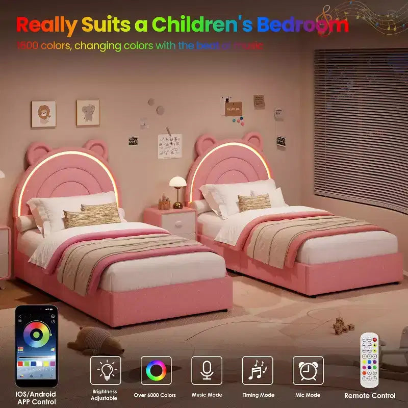 Princess double bed frame with 4 storage drawers and light, velvet upholstered platform bed, rainbow headboard, suitable for children, gray