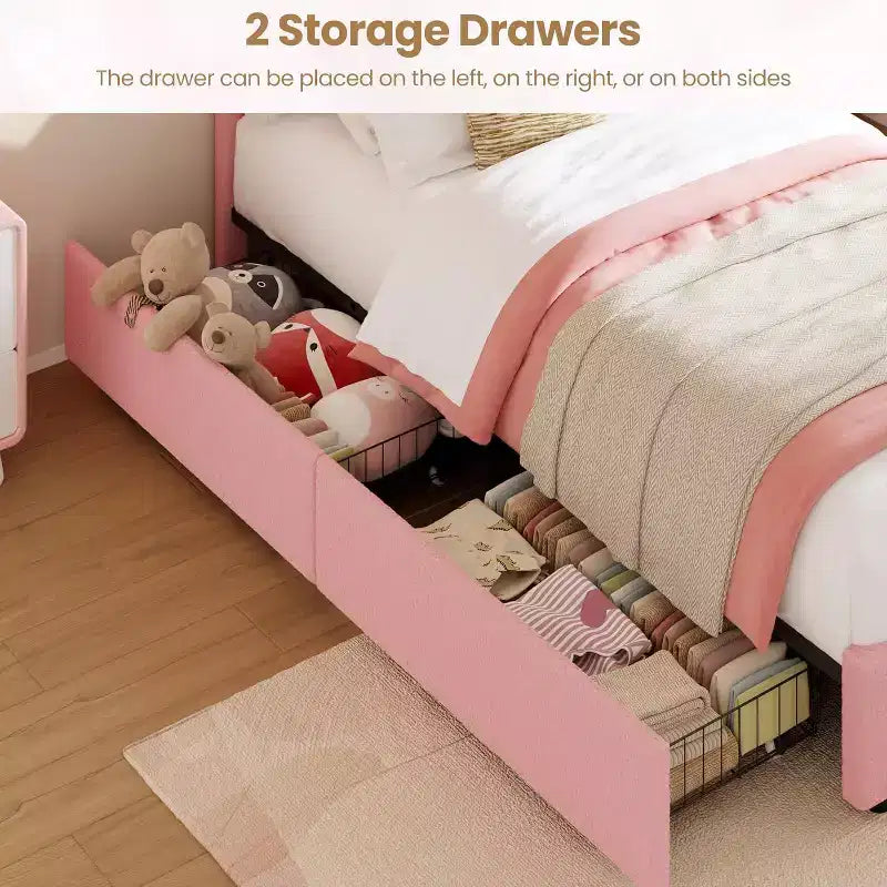 Princess double bed frame with 4 storage drawers and light, velvet upholstered platform bed, rainbow headboard, suitable for children, gray