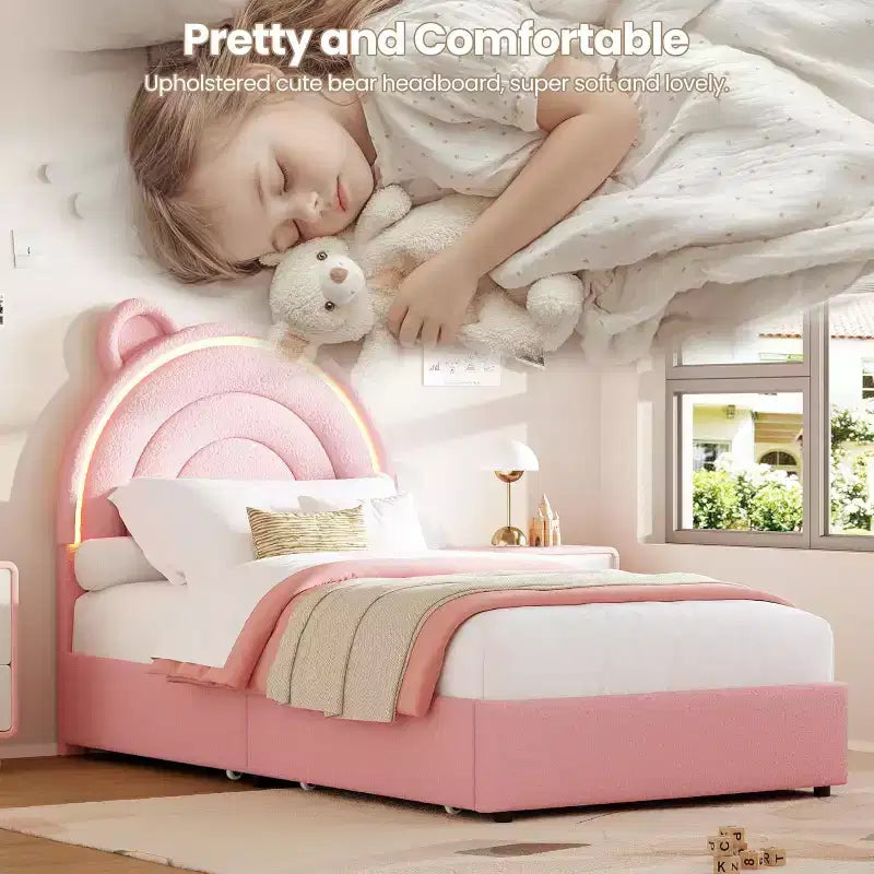 Princess double bed frame with 4 storage drawers and light, velvet upholstered platform bed, rainbow headboard, suitable for children, gray