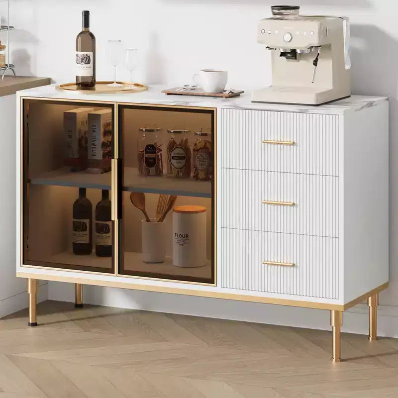 Sideboard Buffet Cabinet with LED Light, Kitchen Storage with 3 Fluted Drawers & Glass Doors, Accent Cabinet Cupboard Buffet Table with Storage