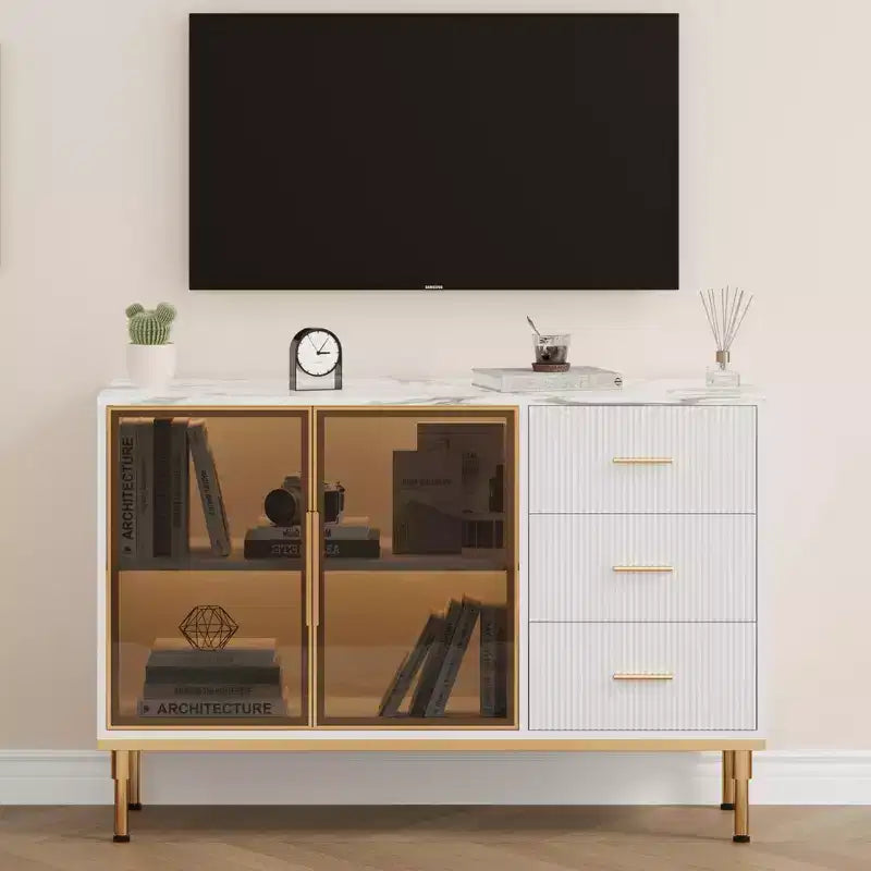 Sideboard Buffet Cabinet with LED Light, Kitchen Storage with 3 Fluted Drawers & Glass Doors, Accent Cabinet Cupboard Buffet Table with Storage
