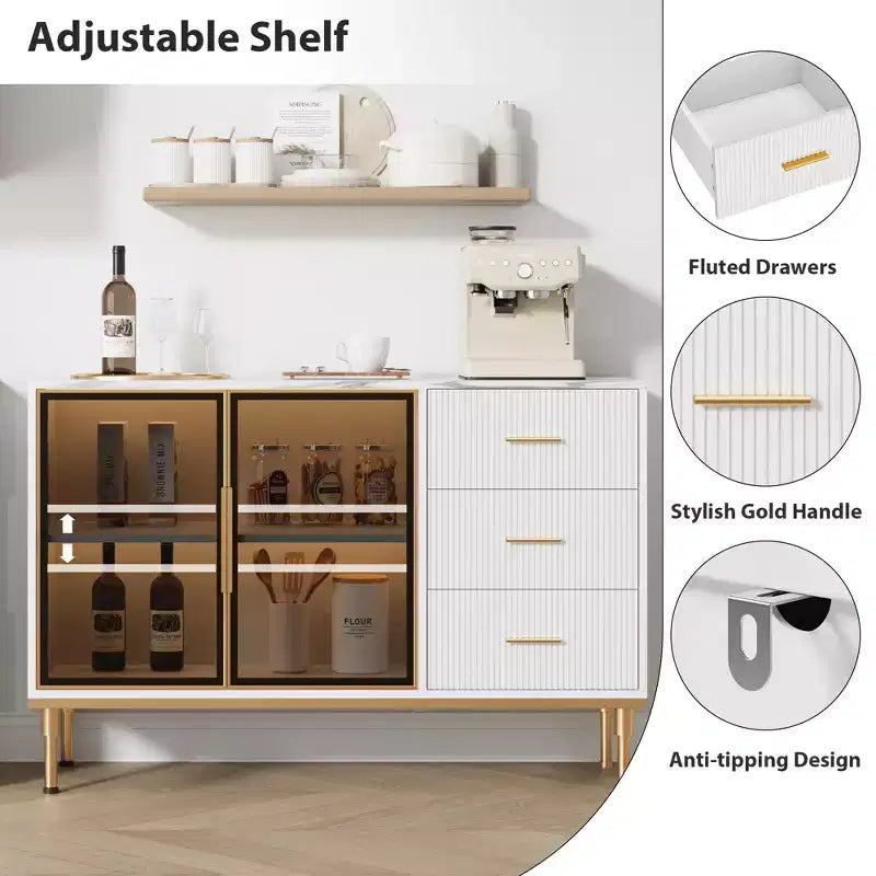 Sideboard Buffet Cabinet with LED Light, Kitchen Storage with 3 Fluted Drawers & Glass Doors, Accent Cabinet Cupboard Buffet Table with Storage