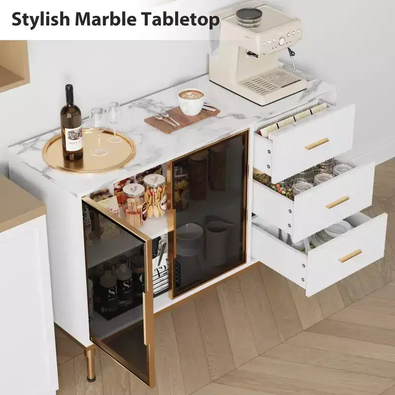 Sideboard Buffet Cabinet with LED Light, Kitchen Storage with 3 Fluted Drawers & Glass Doors, Accent Cabinet Cupboard Buffet Table with Storage
