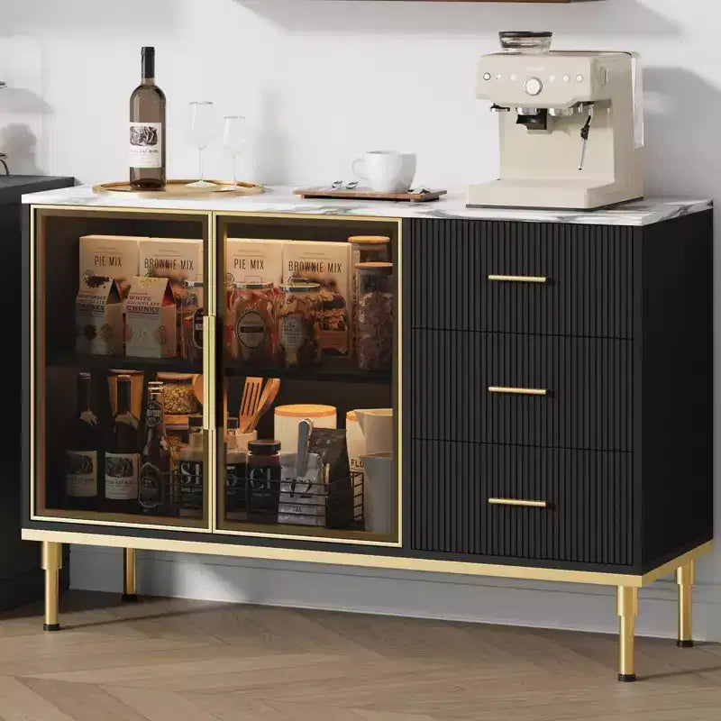 Sideboard Buffet Cabinet with LED Light, Kitchen Storage with 3 Fluted Drawers & Glass Doors, Accent Cabinet Cupboard Buffet Table with Storage