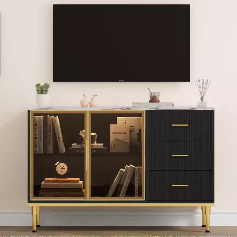 Sideboard Buffet Cabinet with LED Light, Kitchen Storage with 3 Fluted Drawers & Glass Doors, Accent Cabinet Cupboard Buffet Table with Storage