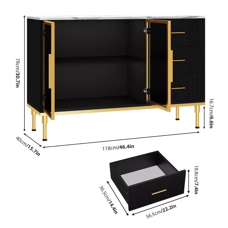 Sideboard Buffet Cabinet with LED Light, Kitchen Storage with 3 Fluted Drawers & Glass Doors, Accent Cabinet Cupboard Buffet Table with Storage