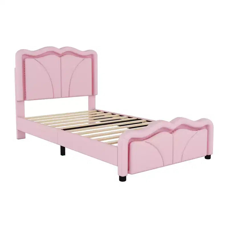 Twin/Full Upholstered Platform Bed with Curve Shaped and Height-adjustbale Headboard, PU Platform Bedframe with LED Light Strip