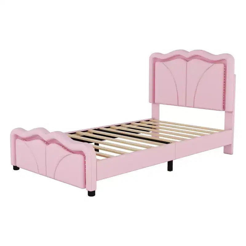 Twin/Full Upholstered Platform Bed with Curve Shaped and Height-adjustbale Headboard, PU Platform Bedframe with LED Light Strip