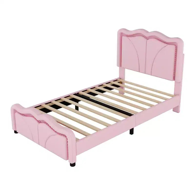 Twin/Full Upholstered Platform Bed with Curve Shaped and Height-adjustbale Headboard, PU Platform Bedframe with LED Light Strip