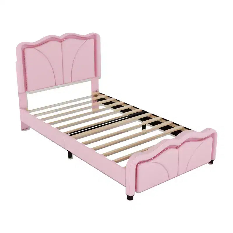 Twin/Full Upholstered Platform Bed with Curve Shaped and Height-adjustbale Headboard, PU Platform Bedframe with LED Light Strip