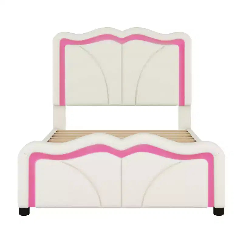 Twin/Full Upholstered Platform Bed with Curve Shaped and Height-adjustbale Headboard, PU Platform Bedframe with LED Light Strip