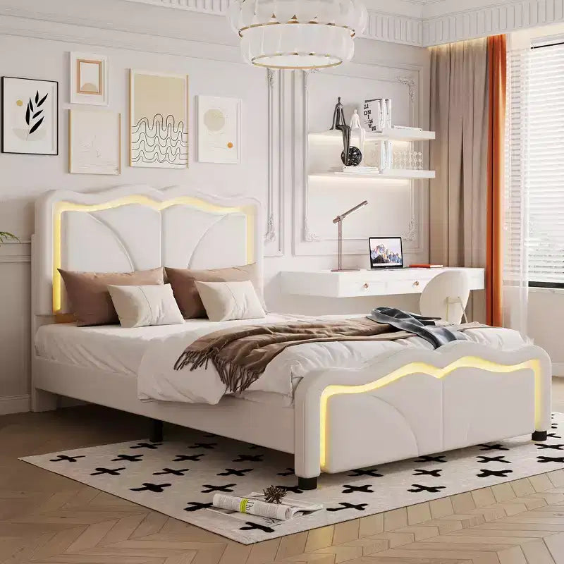 Twin/Full Upholstered Platform Bed with Curve Shaped and Height-adjustbale Headboard, PU Platform Bedframe with LED Light Strip