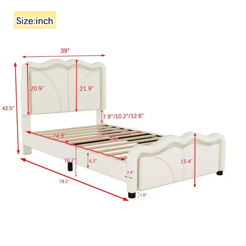 Twin/Full Upholstered Platform Bed with Curve Shaped and Height-adjustbale Headboard, PU Platform Bedframe with LED Light Strip