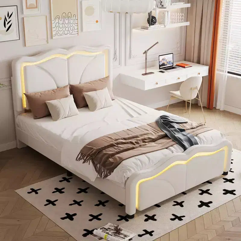 Twin/Full Upholstered Platform Bed with Curve Shaped and Height-adjustbale Headboard, PU Platform Bedframe with LED Light Strip