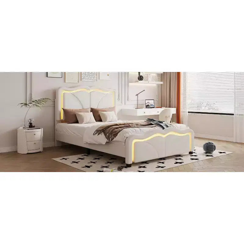 Twin/Full Upholstered Platform Bed with Curve Shaped and Height-adjustbale Headboard, PU Platform Bedframe with LED Light Strip