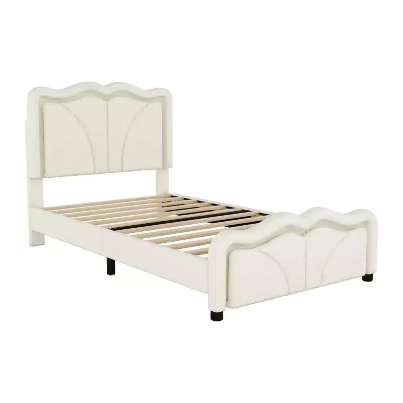 Twin/Full Upholstered Platform Bed with Curve Shaped and Height-adjustbale Headboard, PU Platform Bedframe with LED Light Strip
