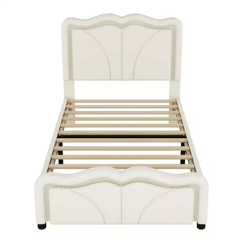 Twin/Full Upholstered Platform Bed with Curve Shaped and Height-adjustbale Headboard, PU Platform Bedframe with LED Light Strip