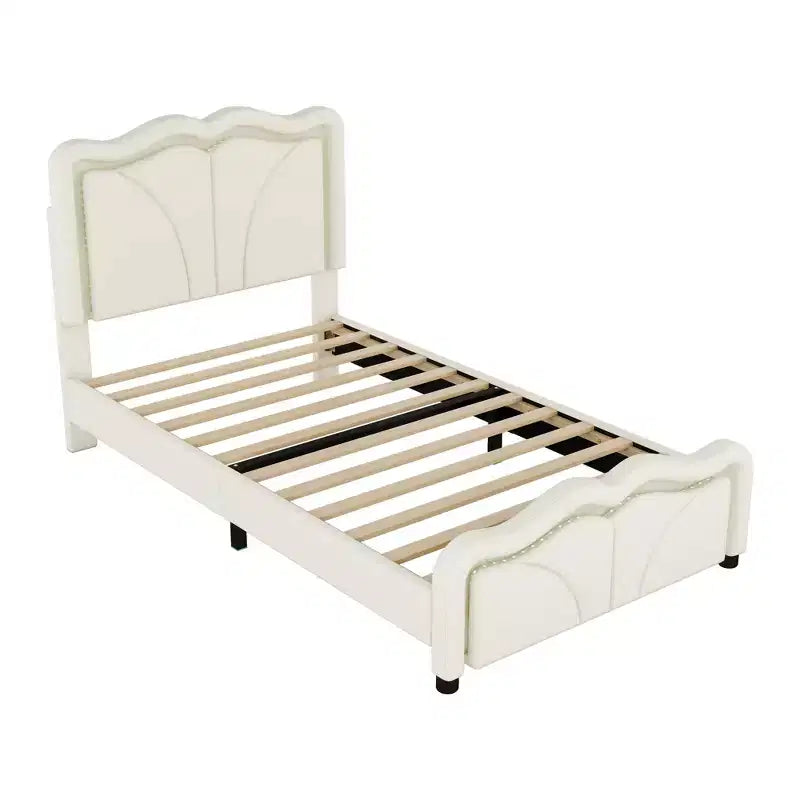 Twin/Full Upholstered Platform Bed with Curve Shaped and Height-adjustbale Headboard, PU Platform Bedframe with LED Light Strip