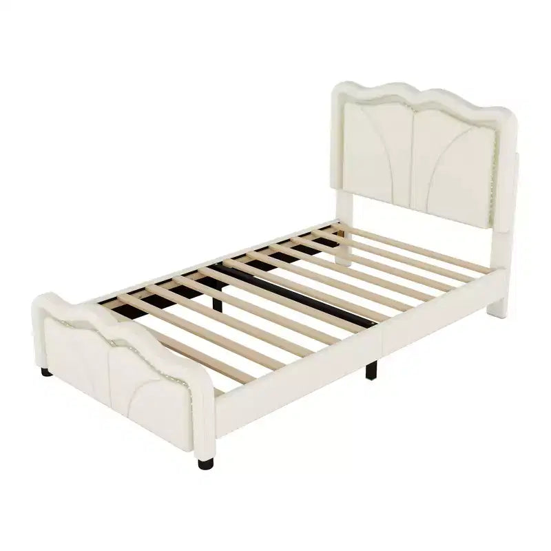 Twin/Full Upholstered Platform Bed with Curve Shaped and Height-adjustbale Headboard, PU Platform Bedframe with LED Light Strip