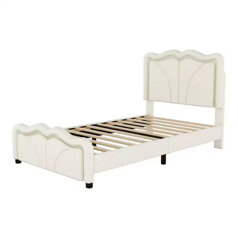 Twin/Full Upholstered Platform Bed with Curve Shaped and Height-adjustbale Headboard, PU Platform Bedframe with LED Light Strip