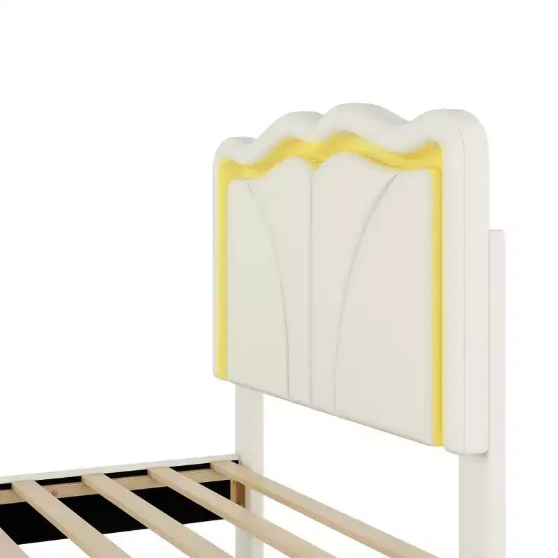 Twin/Full Upholstered Platform Bed with Curve Shaped and Height-adjustbale Headboard, PU Platform Bedframe with LED Light Strip