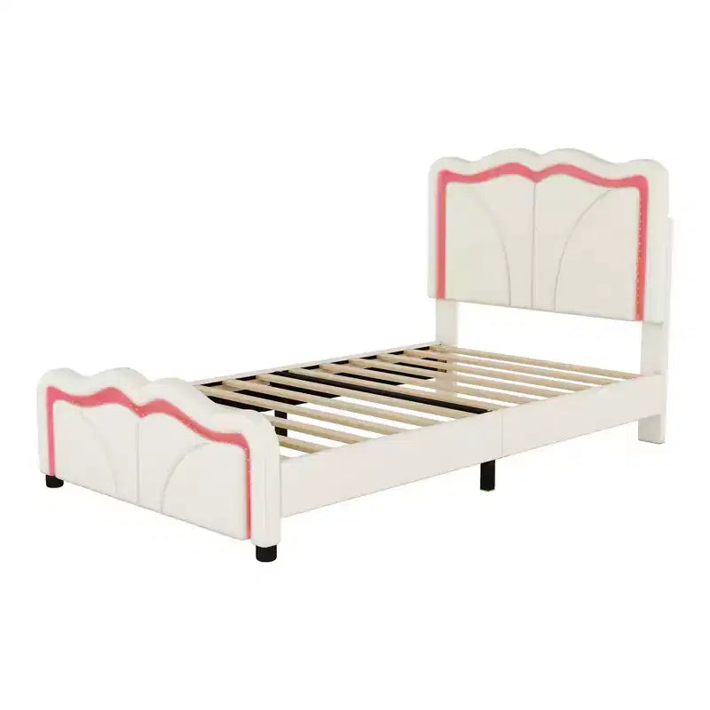 Twin/Full Upholstered Platform Bed with Curve Shaped and Height-adjustbale Headboard, PU Platform Bedframe with LED Light Strip