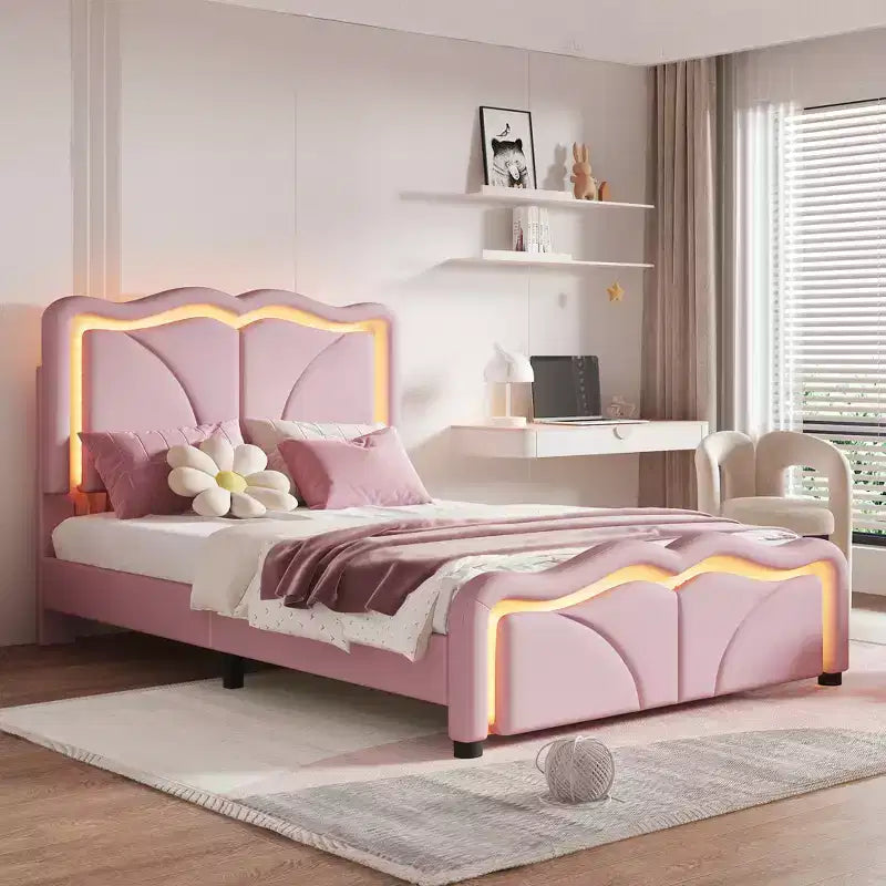 Twin/Full Upholstered Platform Bed with Curve Shaped and Height-adjustbale Headboard, PU Platform Bedframe with LED Light Strip