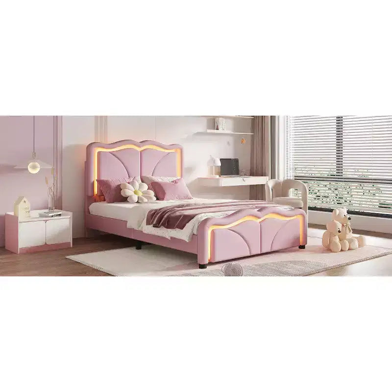 Twin/Full Upholstered Platform Bed with Curve Shaped and Height-adjustbale Headboard, PU Platform Bedframe with LED Light Strip