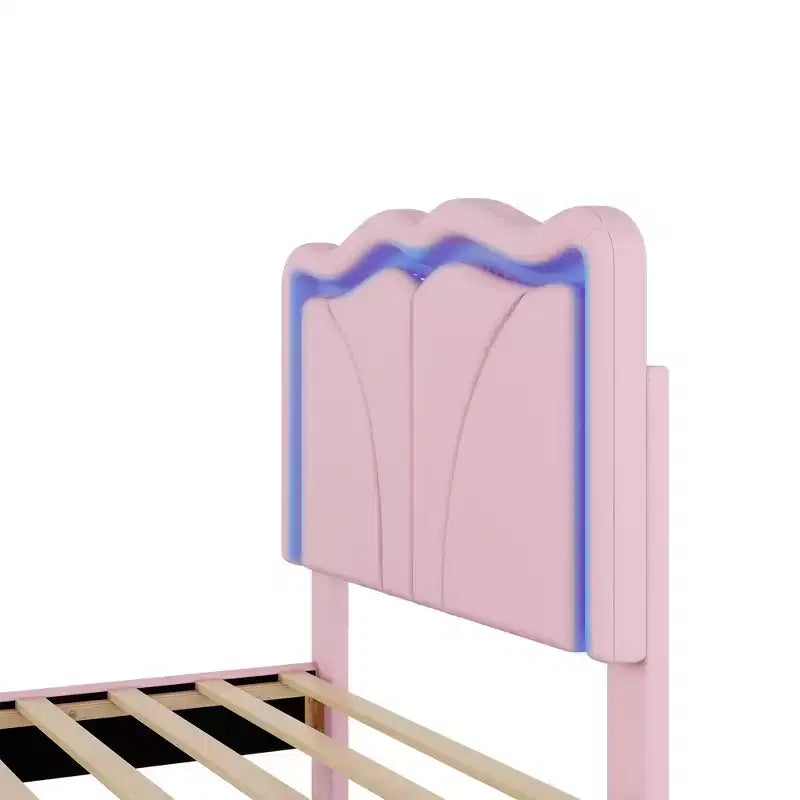 Twin/Full Upholstered Platform Bed with Curve Shaped and Height-adjustbale Headboard, PU Platform Bedframe with LED Light Strip
