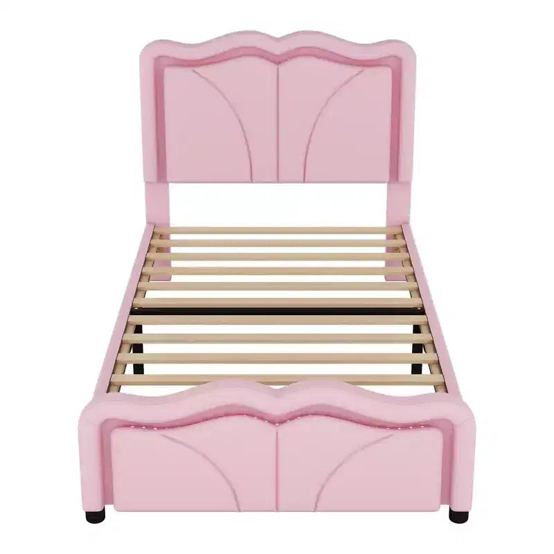 Twin/Full Upholstered Platform Bed with Curve Shaped and Height-adjustbale Headboard, PU Platform Bedframe with LED Light Strip