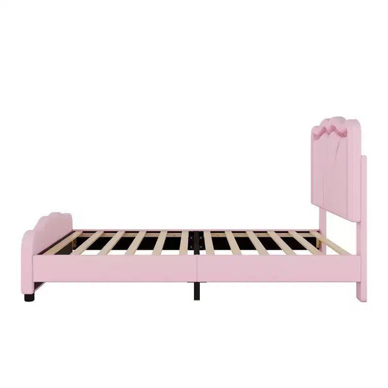 Twin/Full Upholstered Platform Bed with Curve Shaped and Height-adjustbale Headboard, PU Platform Bedframe with LED Light Strip