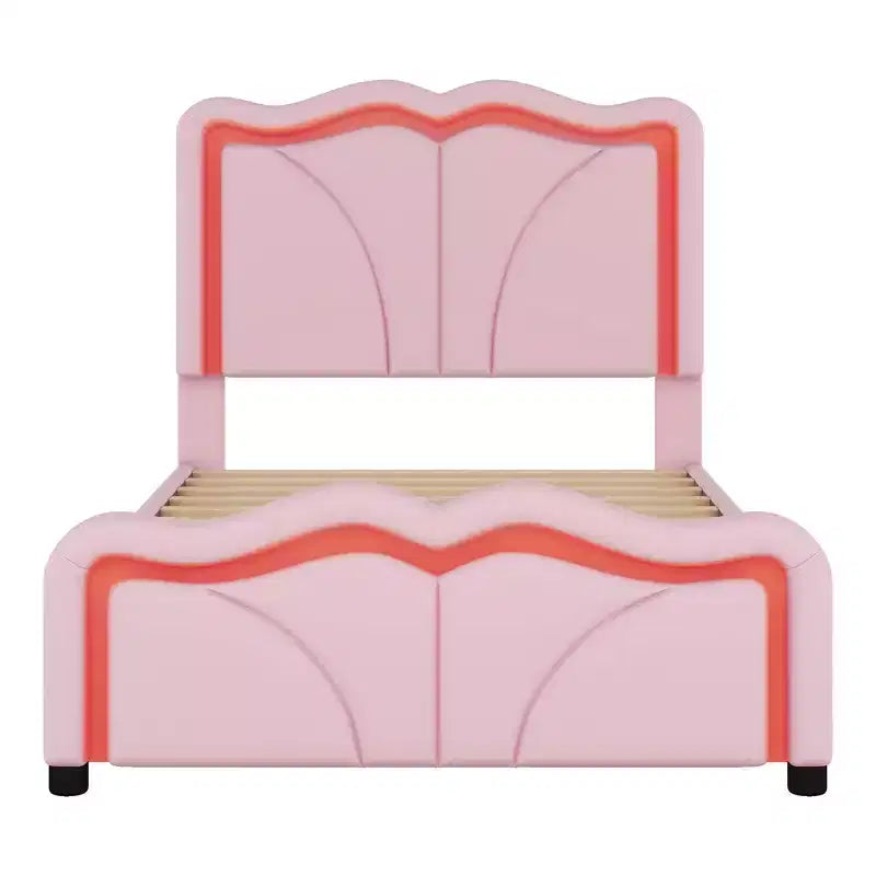 Twin/Full Upholstered Platform Bed with Curve Shaped and Height-adjustbale Headboard, PU Platform Bedframe with LED Light Strip