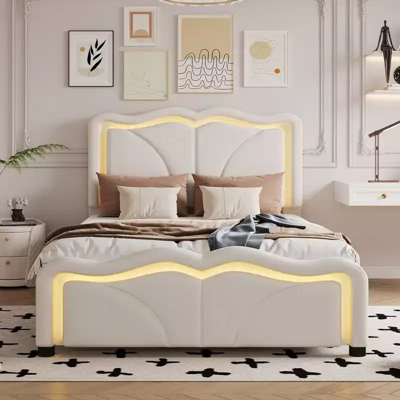 Twin/Full Upholstered Platform Bed with Curve Shaped and Height-adjustbale Headboard, PU Platform Bedframe with LED Light Strip