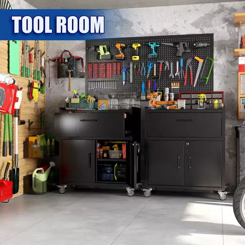2-Door and 1-Drawer Tool Cabinet with Lock, Rolling Storage Cabinet with Locking Casters, Adjustable Shelf Metal Organizer