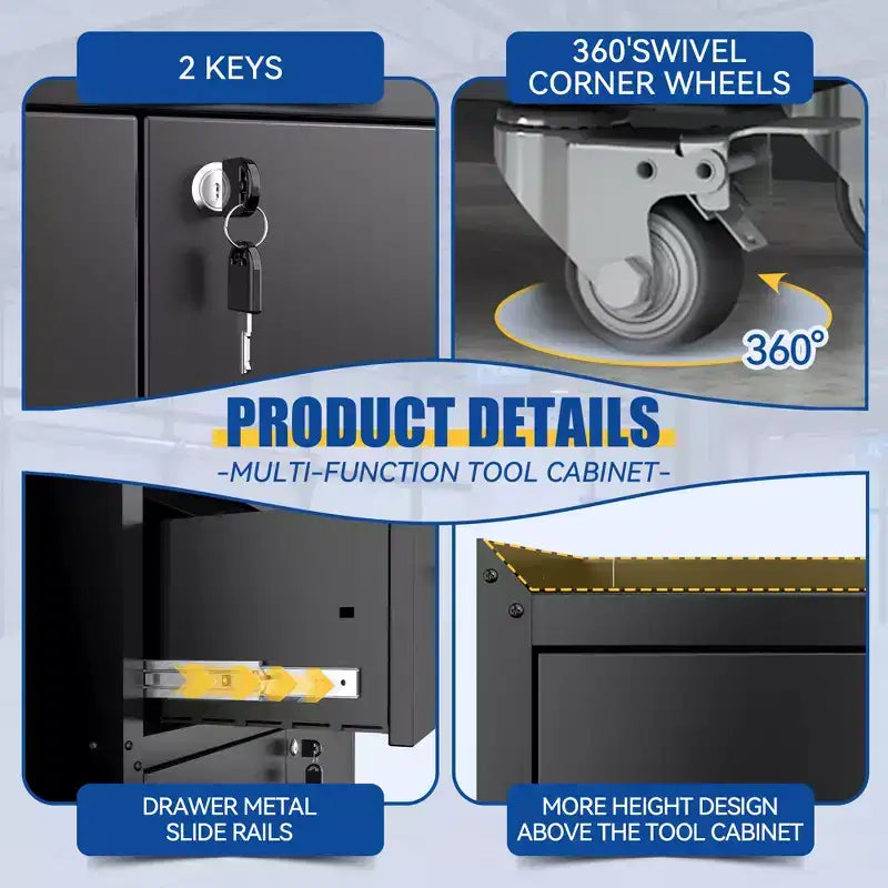 2-Door and 1-Drawer Tool Cabinet with Lock, Rolling Storage Cabinet with Locking Casters, Adjustable Shelf Metal Organizer
