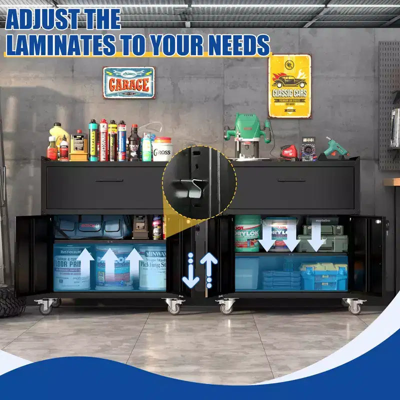 2-Door and 1-Drawer Tool Cabinet with Lock, Rolling Storage Cabinet with Locking Casters, Adjustable Shelf Metal Organizer