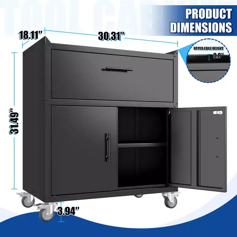 2-Door and 1-Drawer Tool Cabinet with Lock, Rolling Storage Cabinet with Locking Casters, Adjustable Shelf Metal Organizer