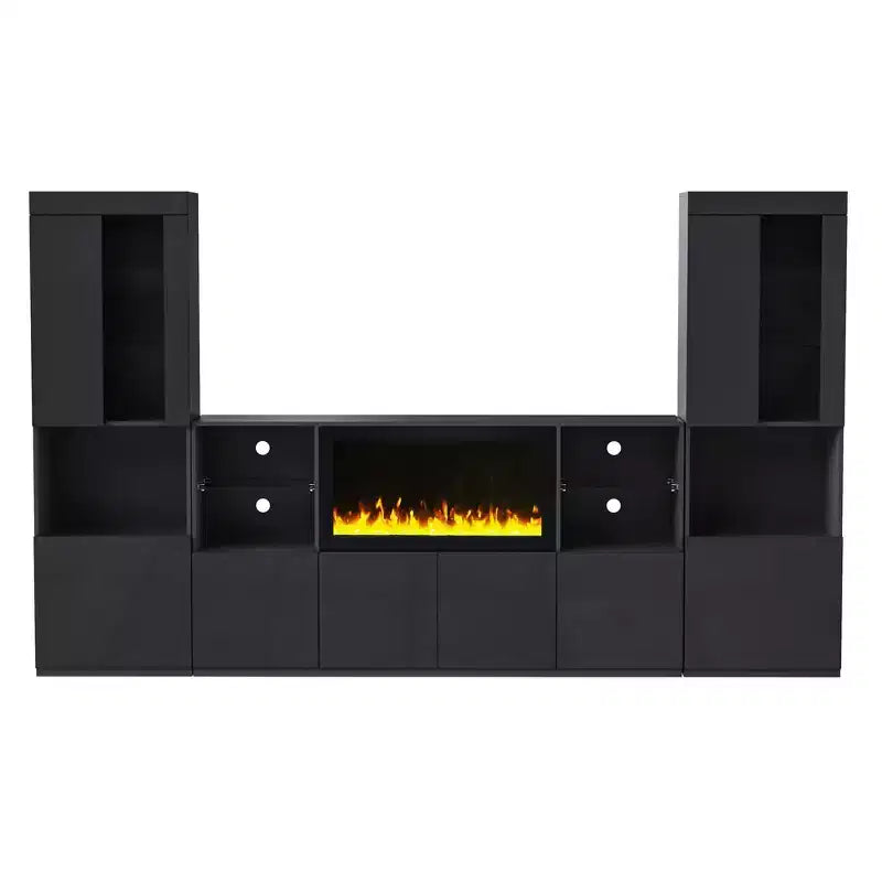 Modern TV Stand with LED Lights for 75 inch TV, Media Console Table with Tempered Glass Shelves and Non-heating Fireplace