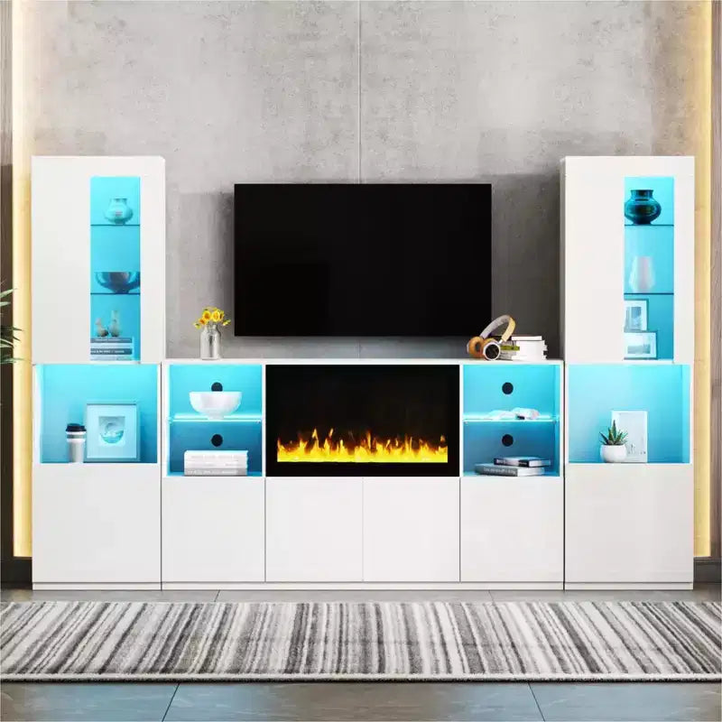 Modern TV Stand with LED Lights for 75 inch TV, Media Console Table with Tempered Glass Shelves and Non-heating Fireplace