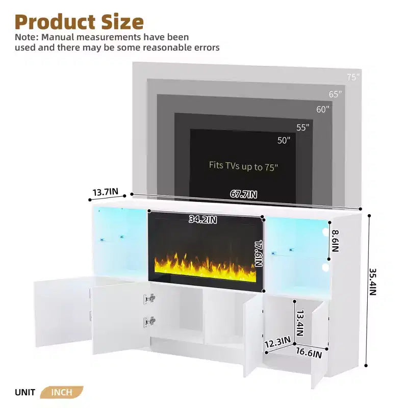 Modern TV Stand with LED Lights for 75 inch TV, Media Console Table with Tempered Glass Shelves and Non-heating Fireplace