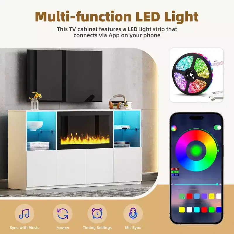 Modern TV Stand with LED Lights for 75 inch TV, Media Console Table with Tempered Glass Shelves and Non-heating Fireplace