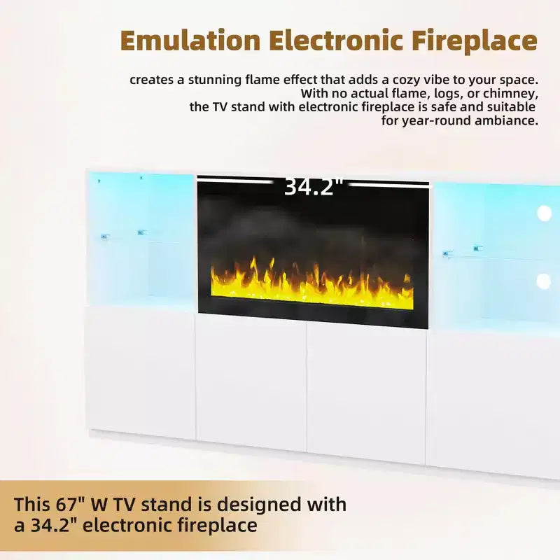 Modern TV Stand with LED Lights for 75 inch TV, Media Console Table with Tempered Glass Shelves and Non-heating Fireplace