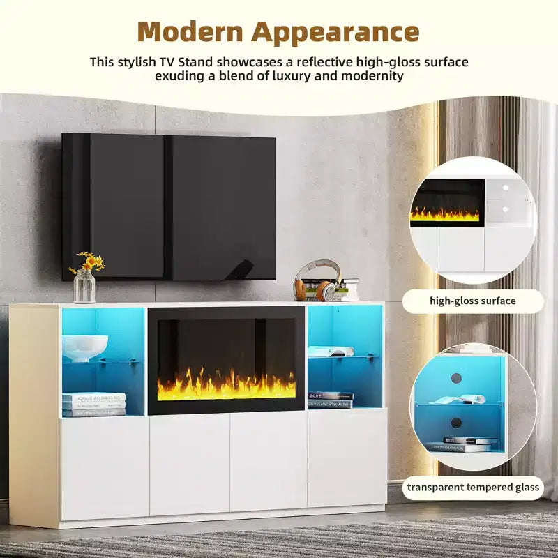 Modern TV Stand with LED Lights for 75 inch TV, Media Console Table with Tempered Glass Shelves and Non-heating Fireplace